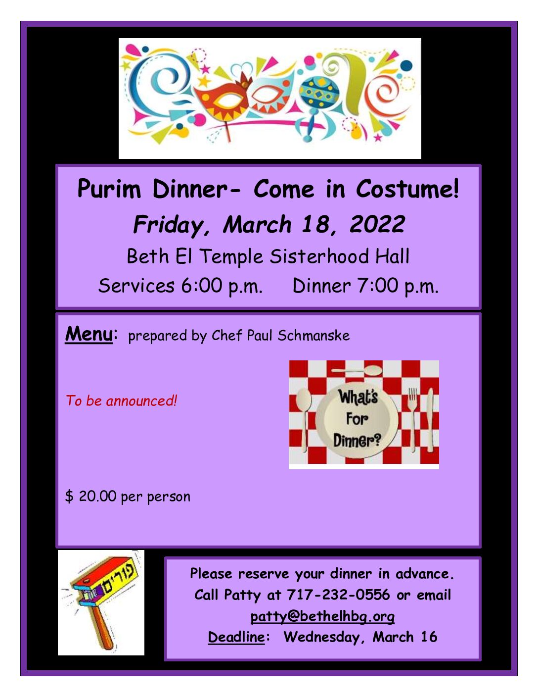 Purim Costume Dinner-In person @ Fri Mar 18, 2022 7pm - 8:30pm