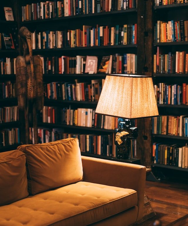 Library with books and couch